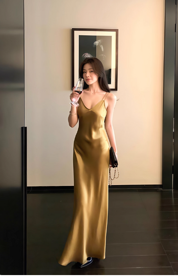 Niulatu Spaghetti Strap Sheath Satin Birthday Dress Yellow Formal Evening Gowns HZ1026